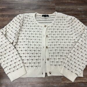 Ellen Tracy cream knit cardigan with brown accents and gold buttons